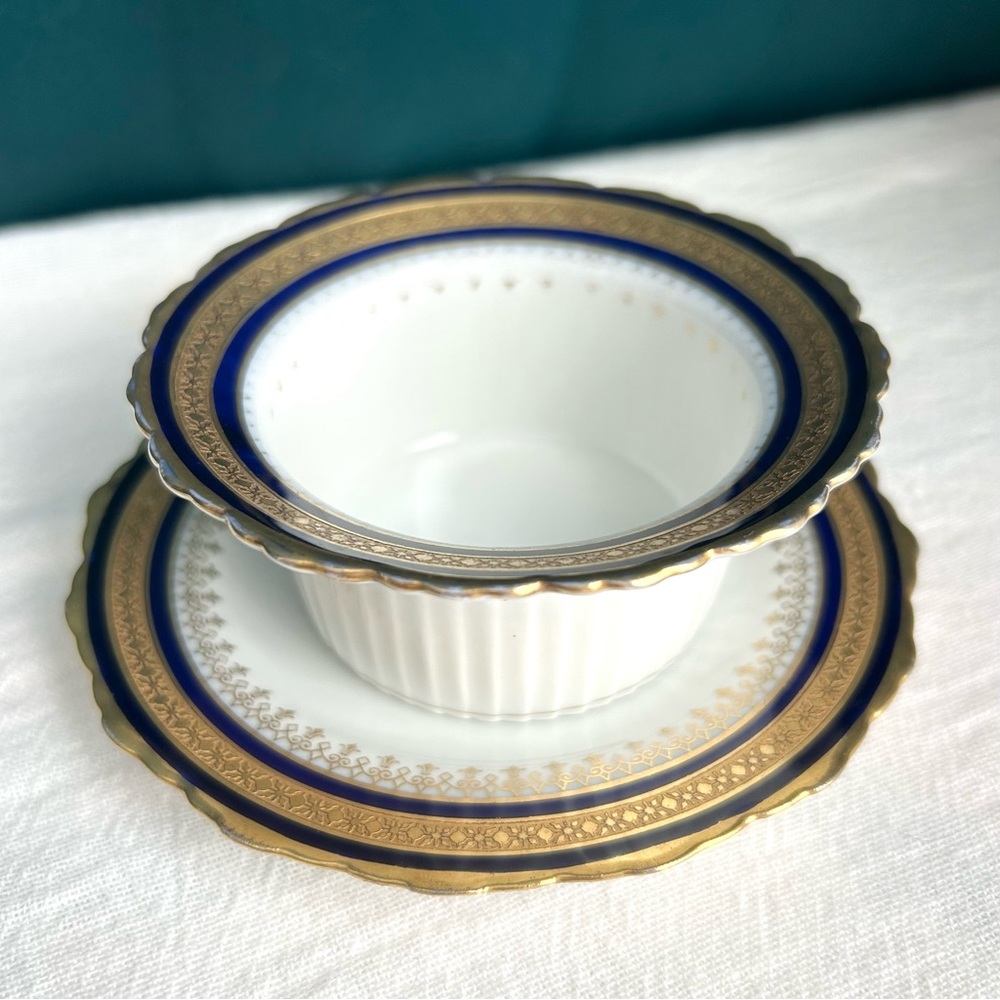 Hohenberg Ware Bavaria Ramekin with Under Plate Gold Gild Cobalt